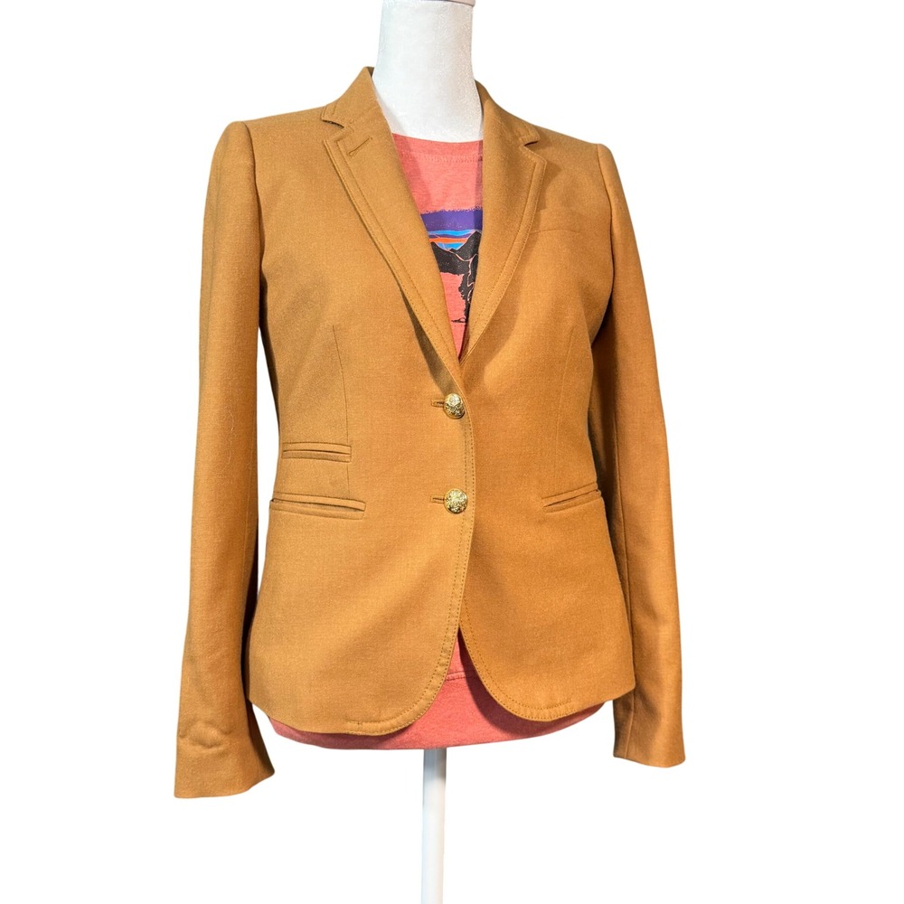 J.Crew Schoolboy Blazer Camel Brown 100% Wool Gold Crest Button 48682 HO12